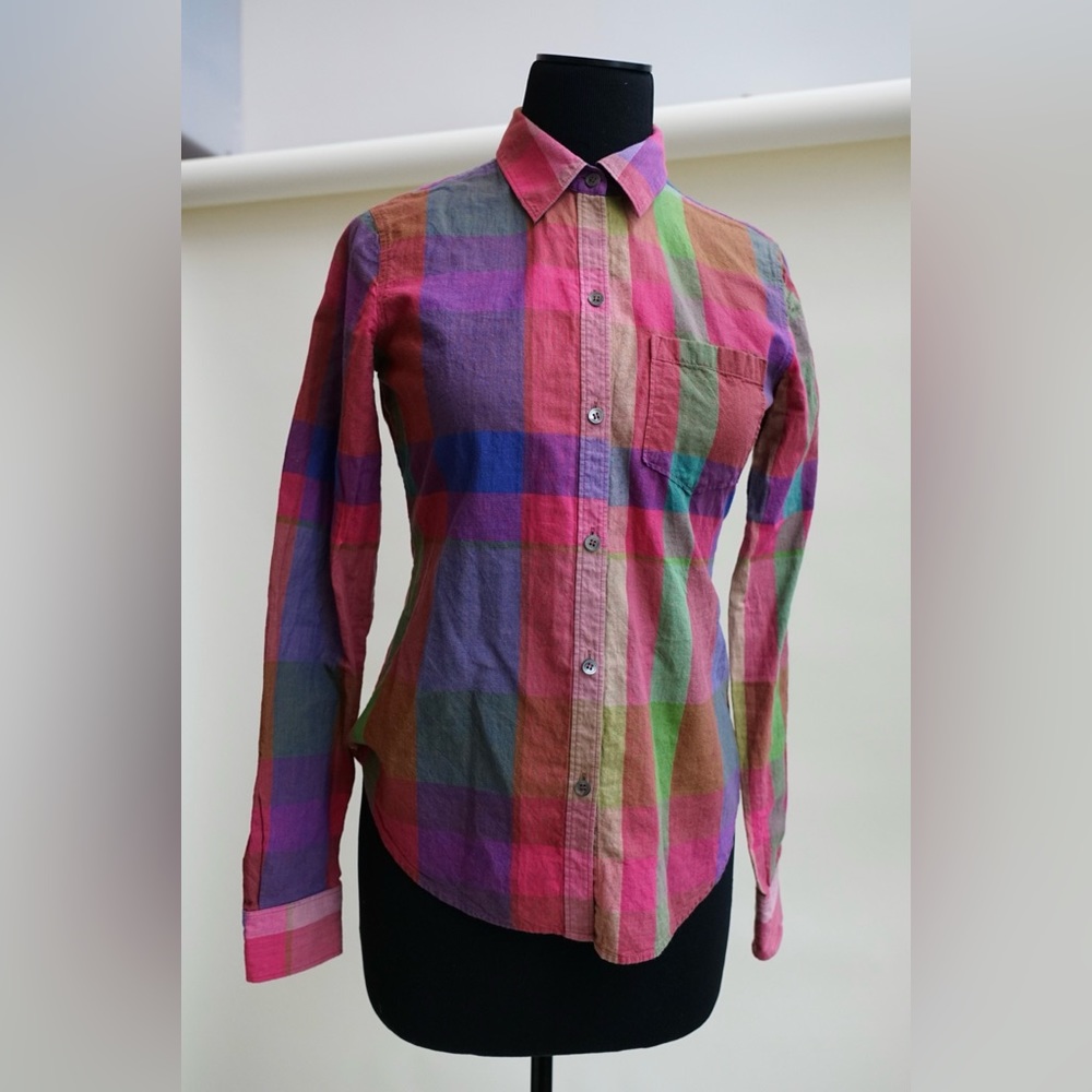 Theory pink plaid button down top. Fits like XS